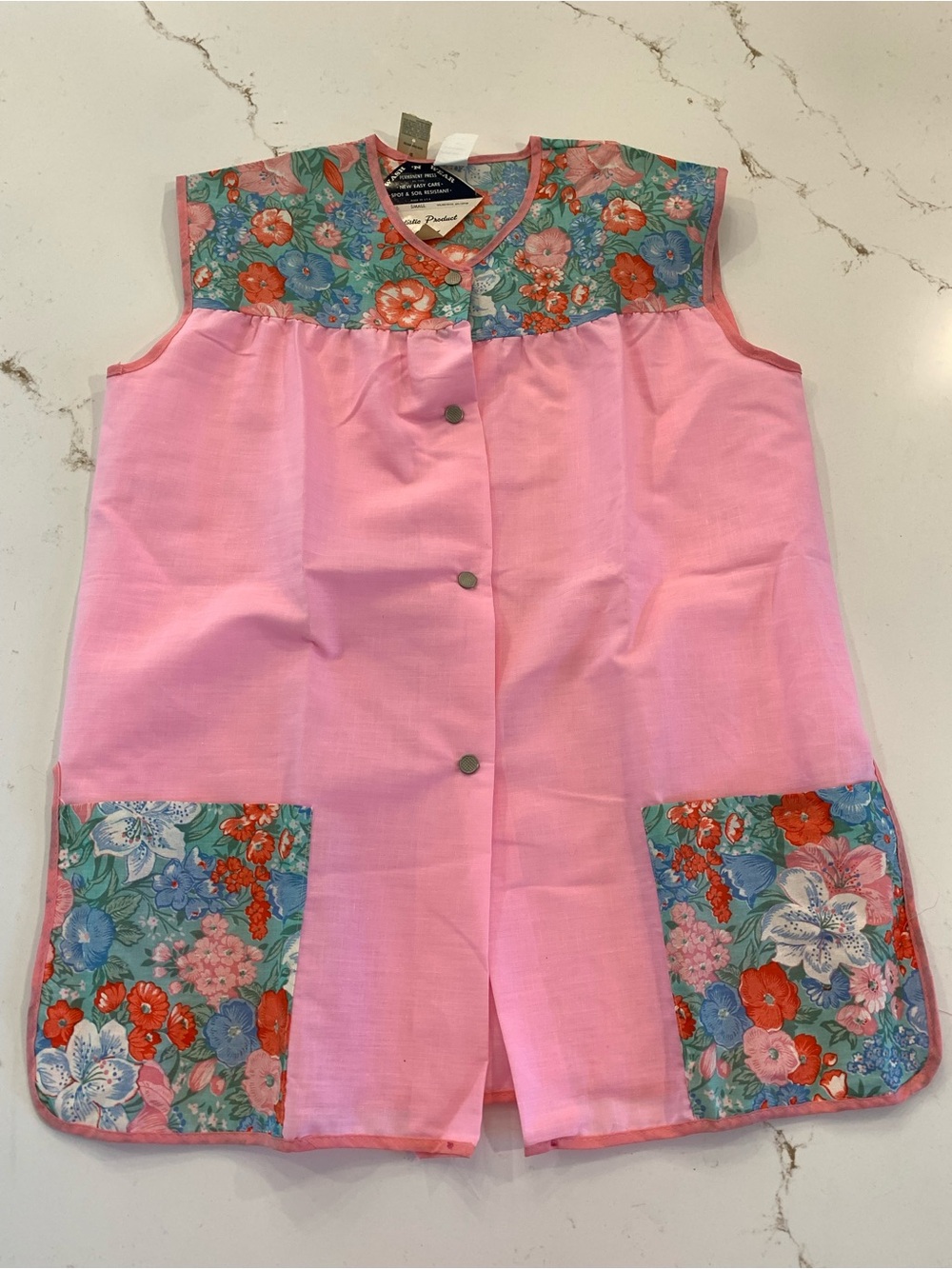 Vintage 60’s House Coat Blouse Pink Tropical Floral Colorblock Snap Front NEW
